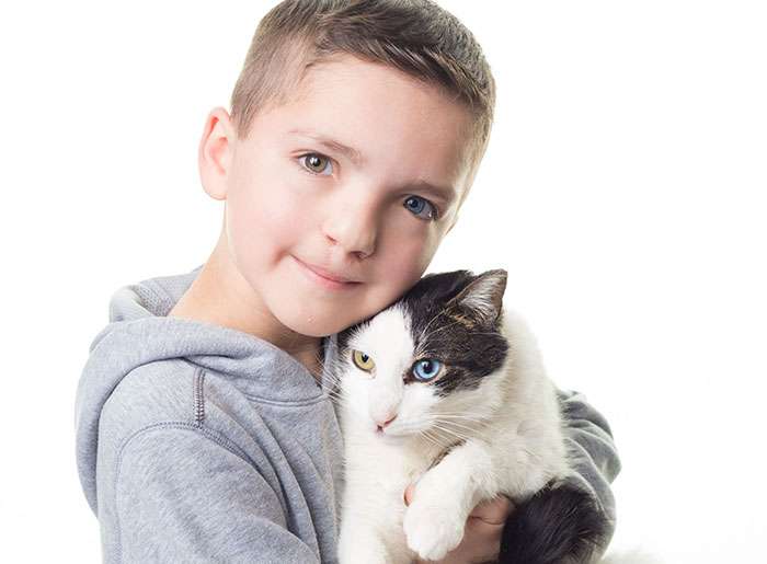 Djali gjen macen me sy dhe buzë të çarë sikur të tij
