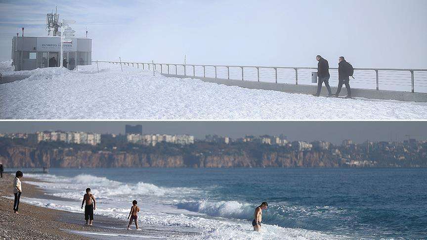 Turistët në Antalya shijojnë në të njëjtën ditë detin dhe borën (FOTO)