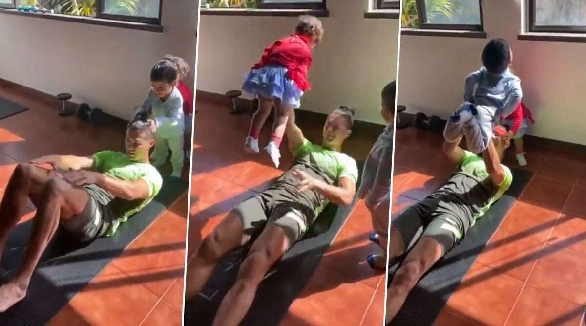 Ronaldo përdor fëmijët si pesha teksa stërvitet (VIDEO)