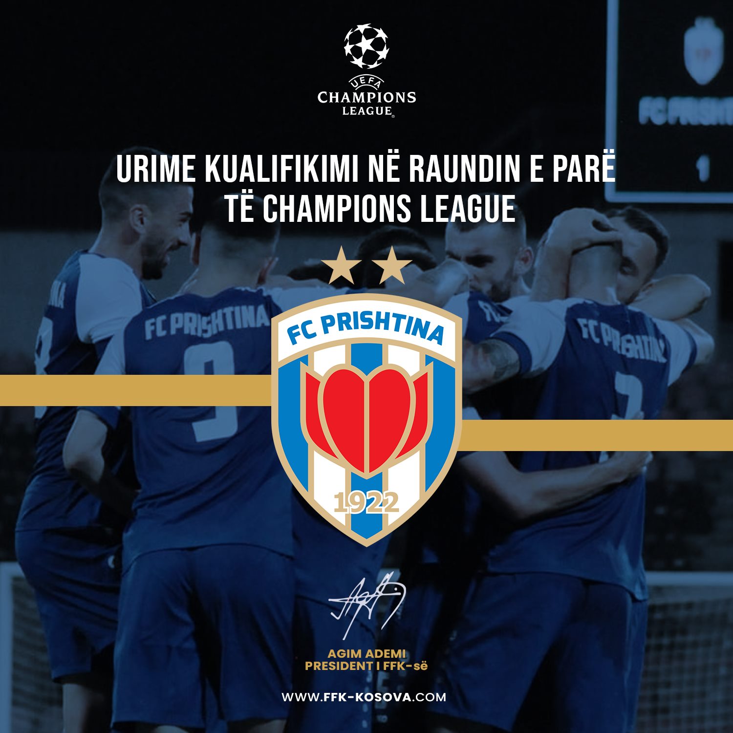 Kryetari i FFK-së Agim Ademi uron KF Prishtinën për suksesin në Ligë të Kampionëve