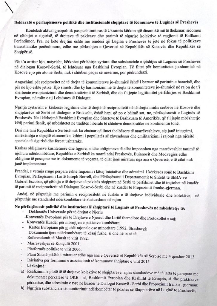 Deklarata e perbashket e shqiptareve ne Luginen e Presheves