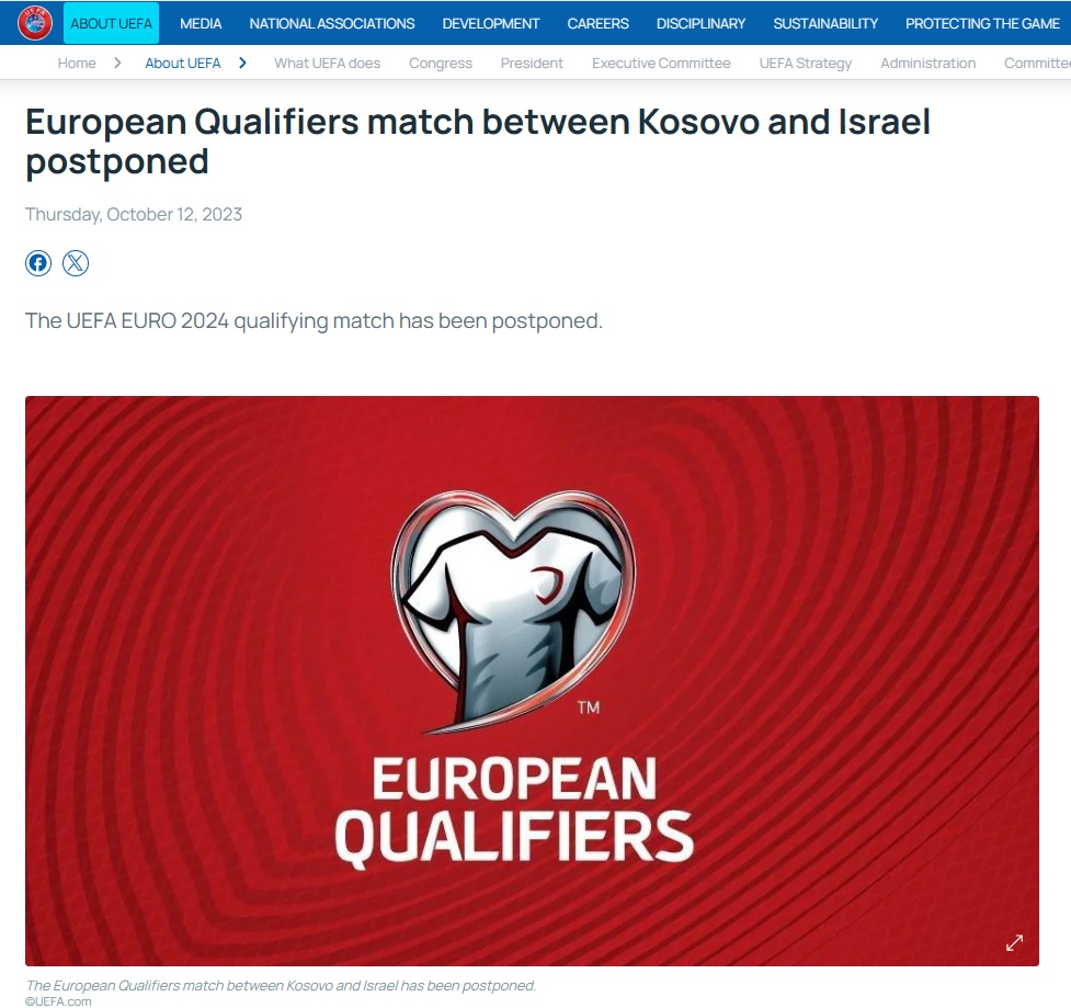 UEFA zyrtarizon shtyrjen e ndeshjes Kosovë-Izrael