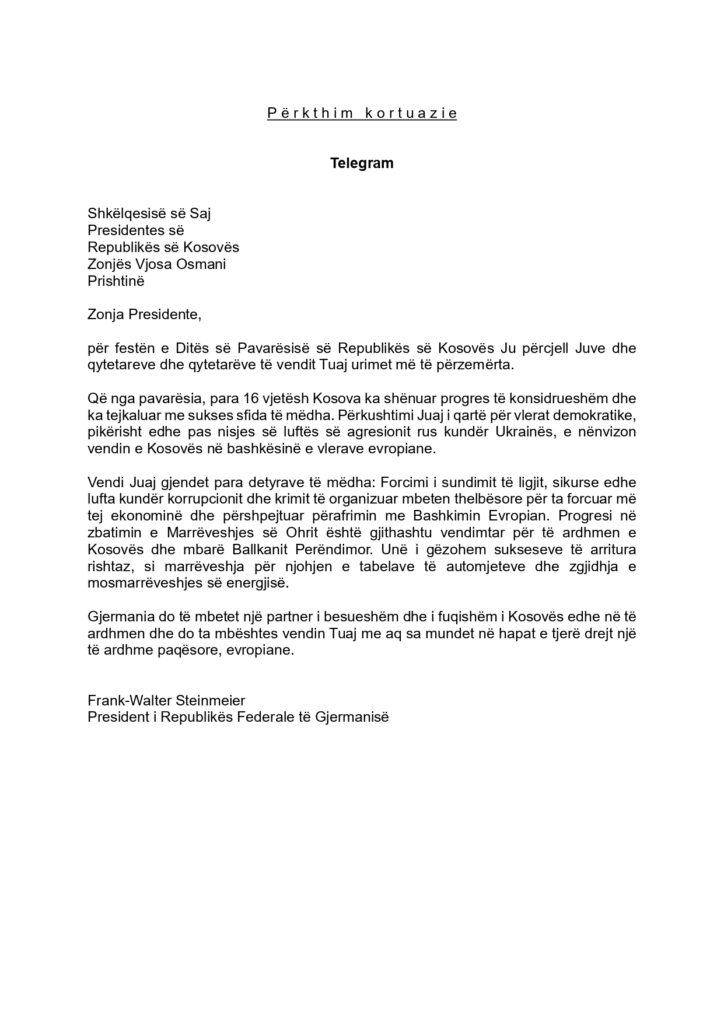 Letra e Presidentit Steinmeier për Presidenten Osmani me rastin e 16-vjetorit të pavarësisë