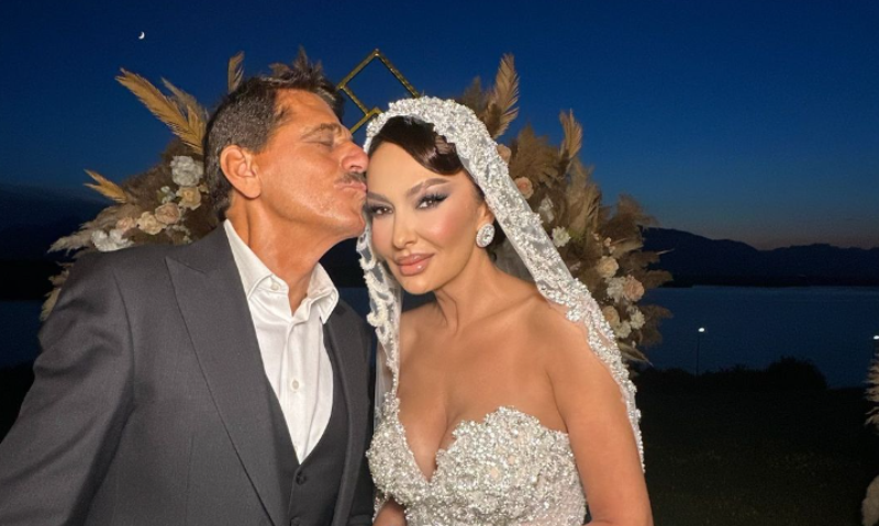Adelina Ismaili e veshur me fustan nusërie, ndan pamje nga videoklipi me Sabri Fejzullahun