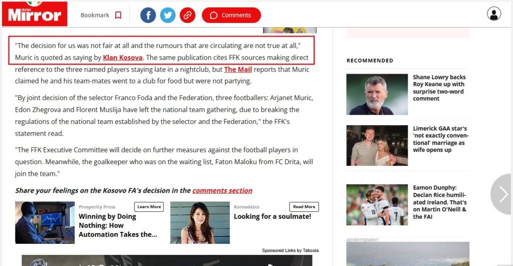 The Irish Mirror citon Klan Kosovën