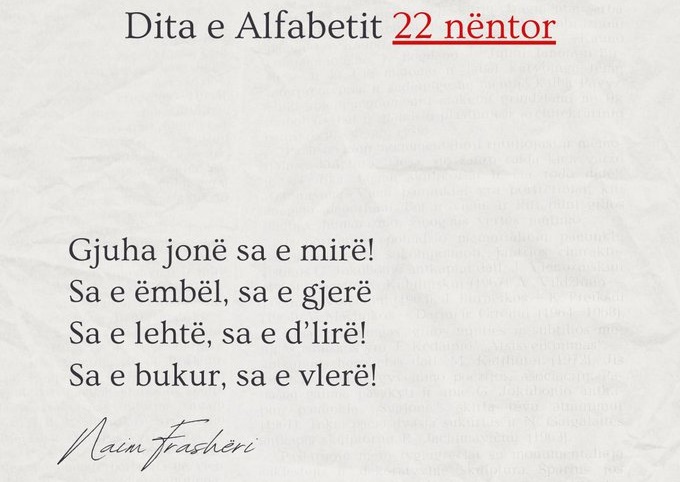 ShBA-ja në Tiranë uron Ditën e Alfabetit me vargjet e Naim Frashërit