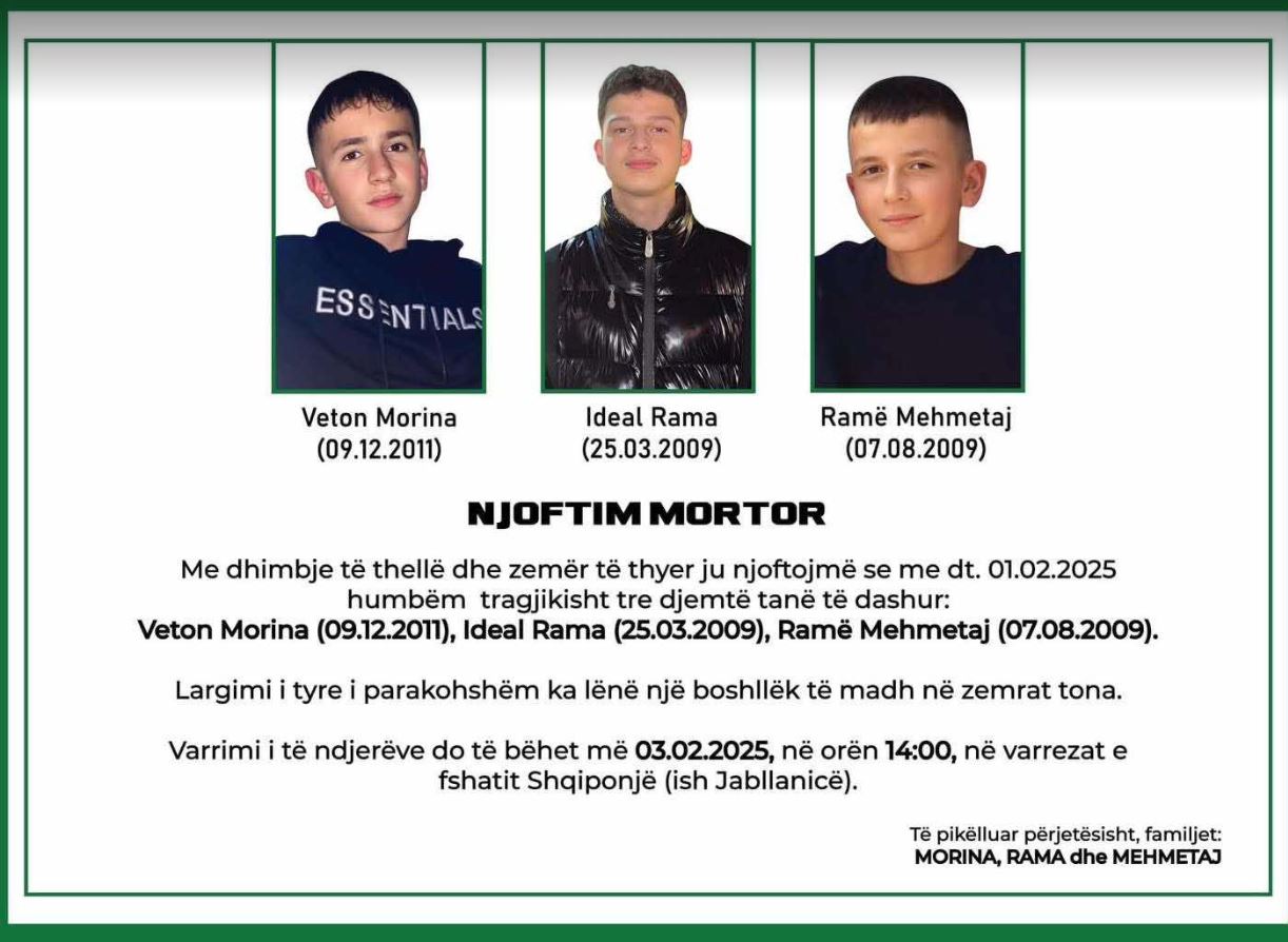 Nesër varrosen tre të miturit që humbën jetën tragjikisht në Jabllanicë të Gjakovës