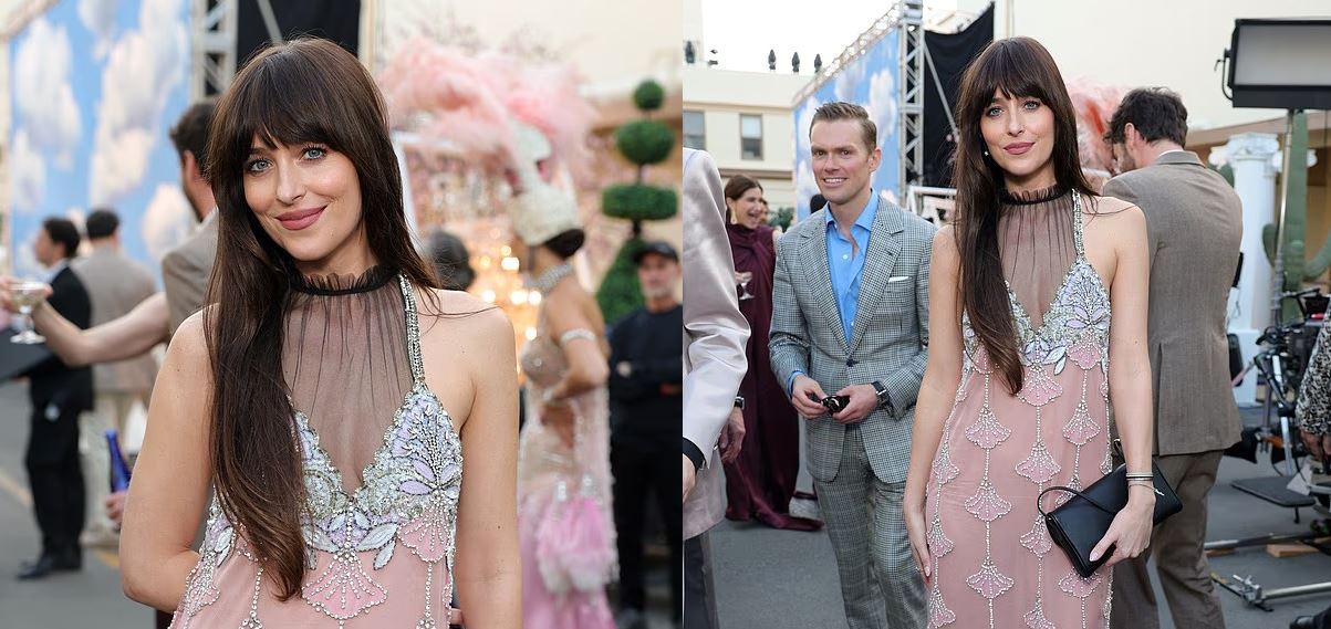 Dakota Johnson mahnit me fustanin rozë me rruaza