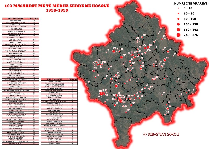 Kjo është harta e Kosovës ku shënjohen 103 masakrat e viteve 1998-1999
