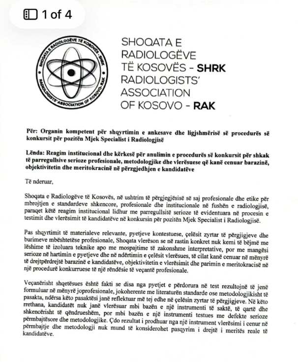 Konkursi për radiologë në pikëpyetje  Shoqata kërkon anulim për shkak të parregullsive
